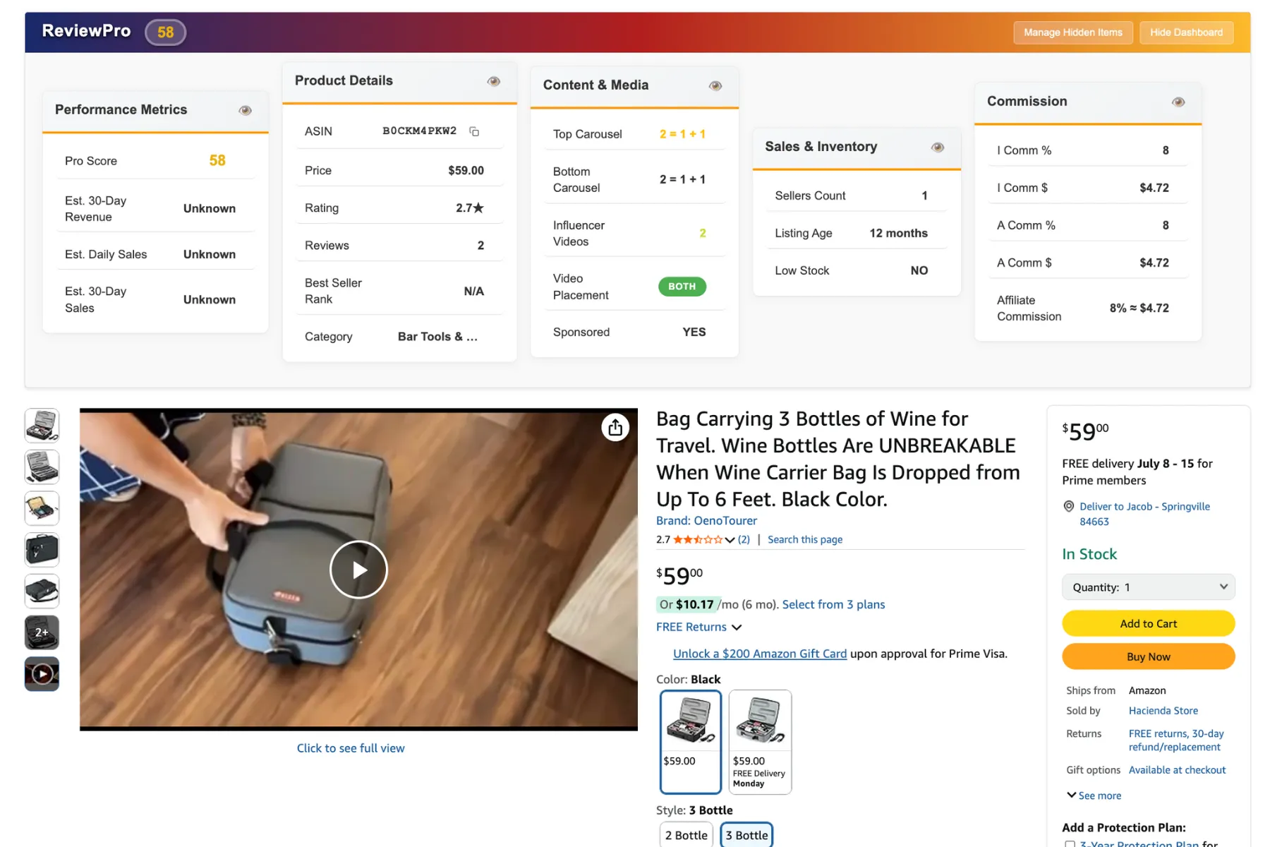 ReviewPro Dashboard showing product analytics